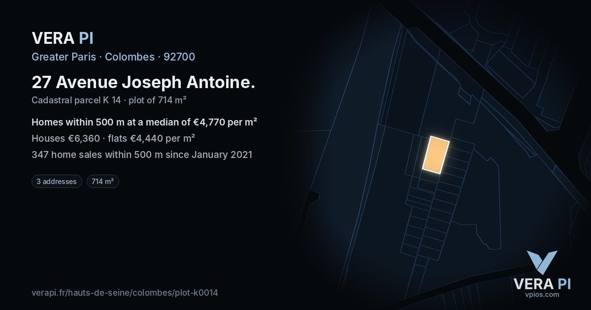 27 Avenue Joseph Antoine, Colombes at night – the plot lit, the parcels around coloured by the prices near them