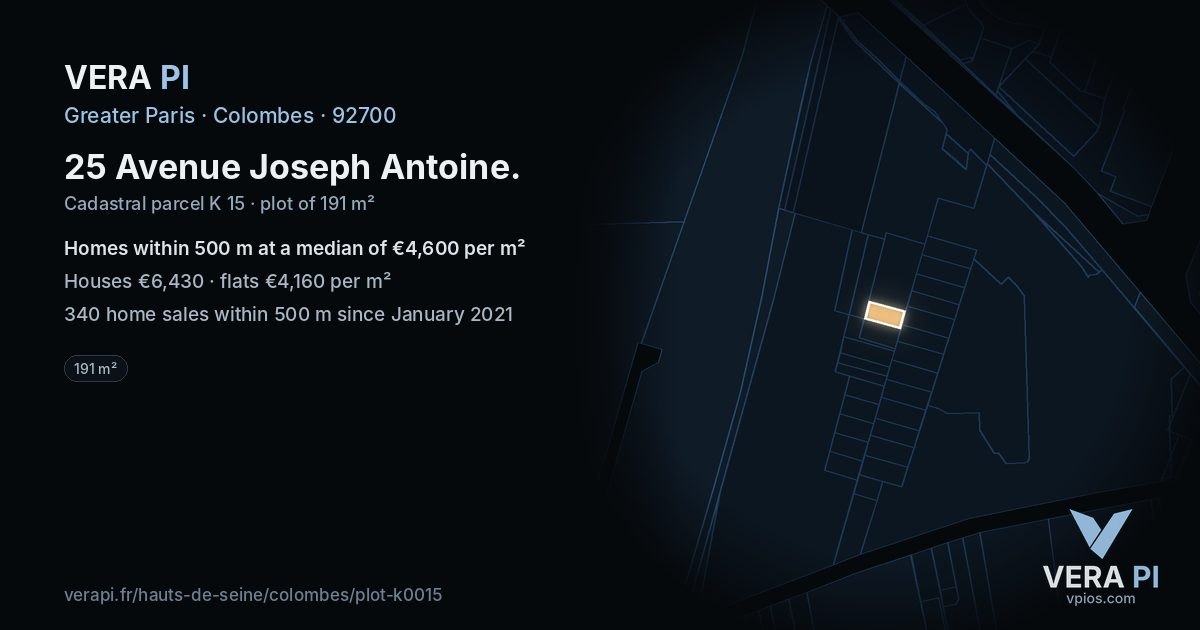 25 Avenue Joseph Antoine, Colombes at night – the plot lit, the parcels around coloured by the prices near them
