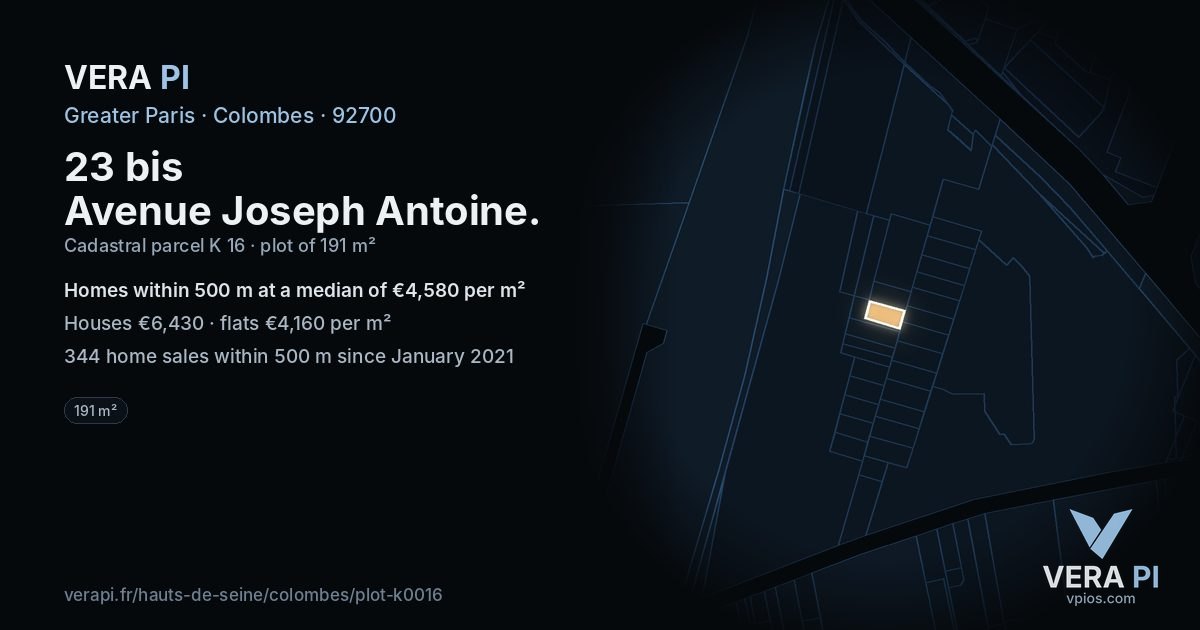 23 bis Avenue Joseph Antoine, Colombes at night – the plot lit, the parcels around coloured by the prices near them