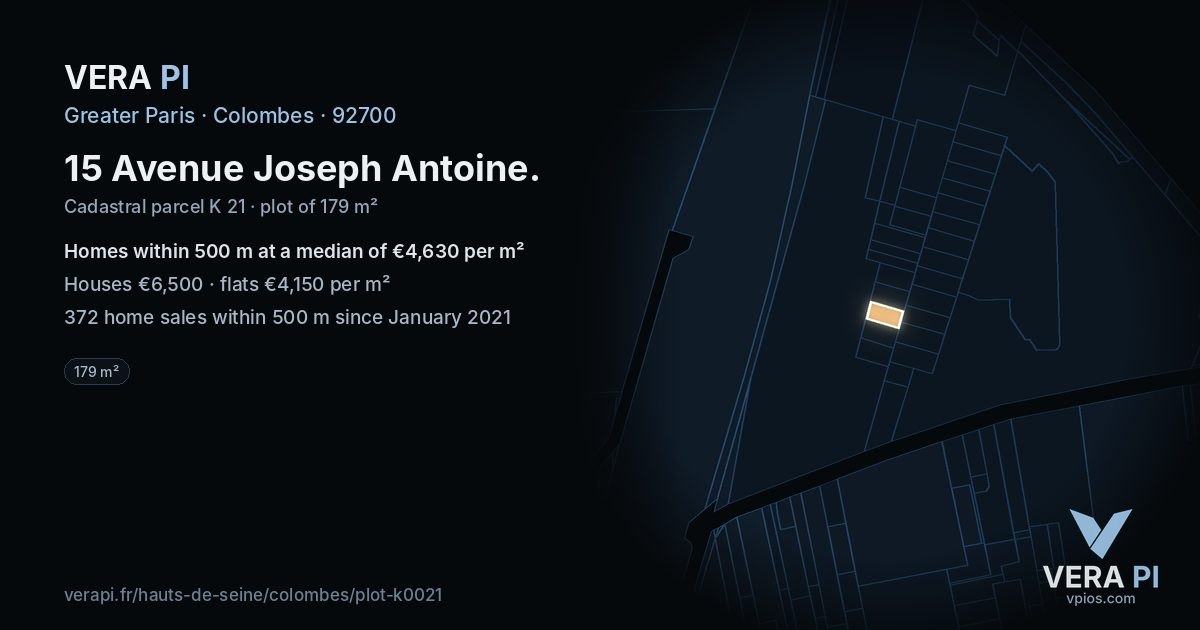 15 Avenue Joseph Antoine, Colombes at night – the plot lit, the parcels around coloured by the prices near them