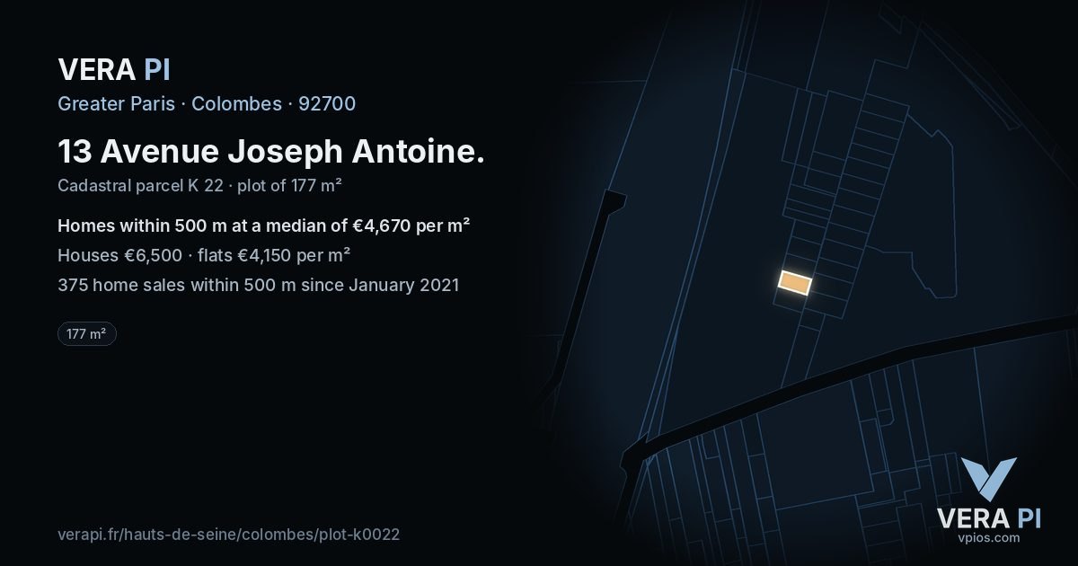 13 Avenue Joseph Antoine, Colombes at night – the plot lit, the parcels around coloured by the prices near them