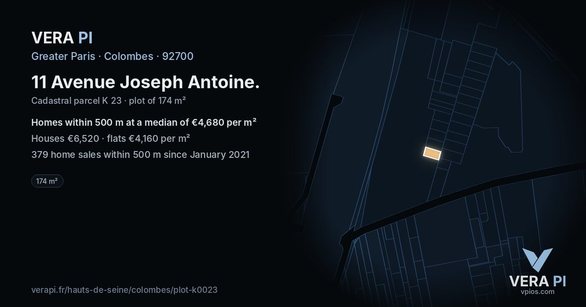 11 Avenue Joseph Antoine, Colombes at night – the plot lit, the parcels around coloured by the prices near them