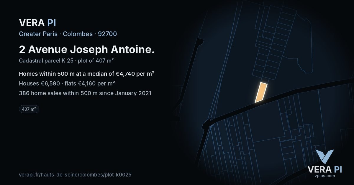 2 Avenue Joseph Antoine, Colombes at night – the plot lit, the parcels around coloured by the prices near them