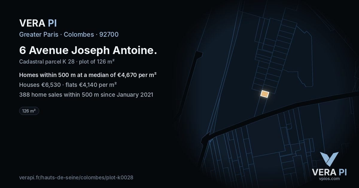 6 Avenue Joseph Antoine, Colombes at night – the plot lit, the parcels around coloured by the prices near them