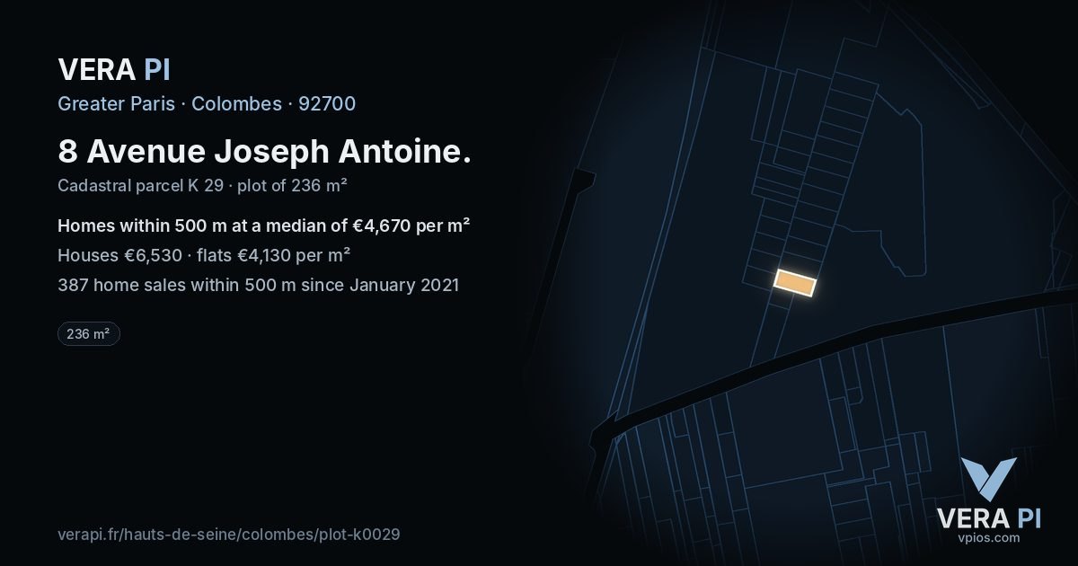8 Avenue Joseph Antoine, Colombes at night – the plot lit, the parcels around coloured by the prices near them