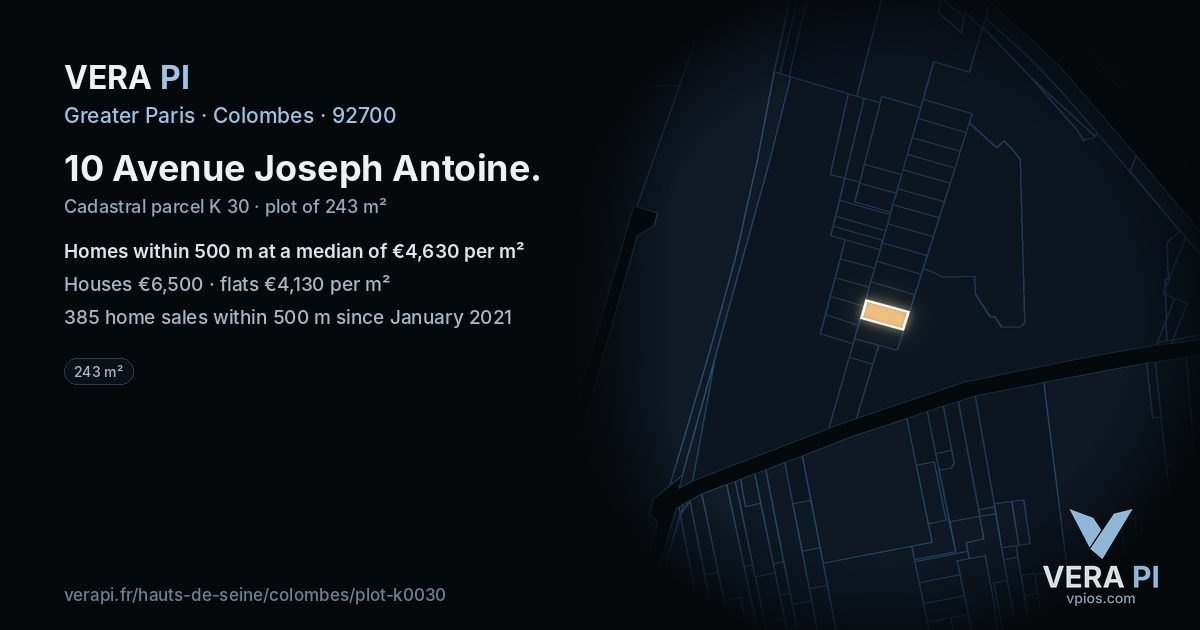 10 Avenue Joseph Antoine, Colombes at night – the plot lit, the parcels around coloured by the prices near them