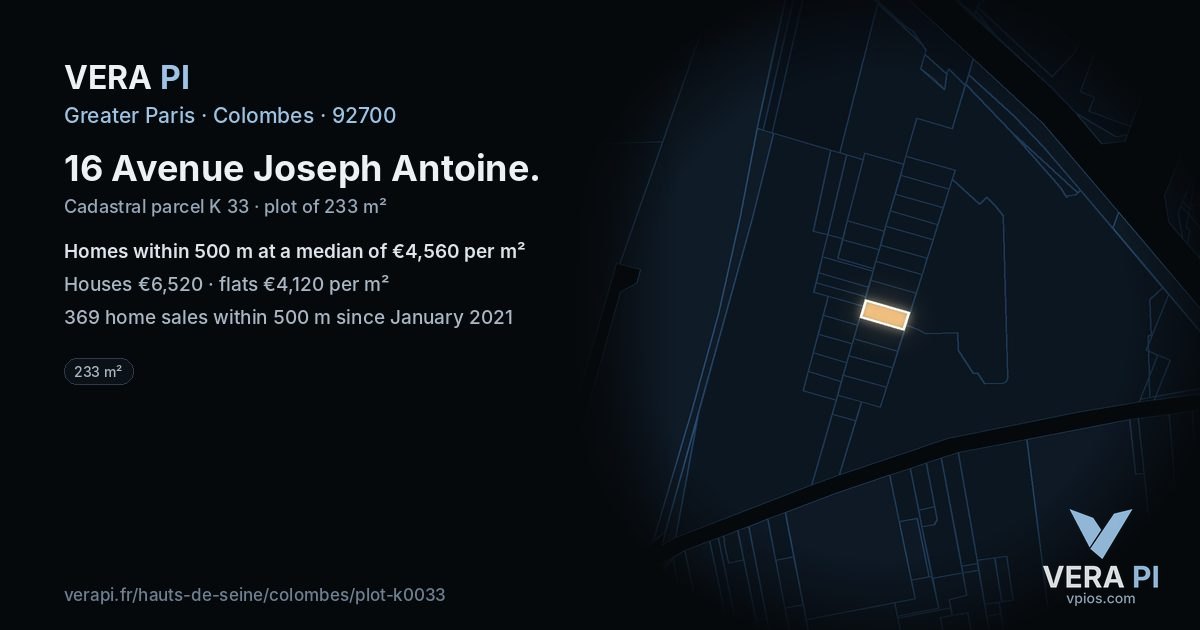 16 Avenue Joseph Antoine, Colombes at night – the plot lit, the parcels around coloured by the prices near them