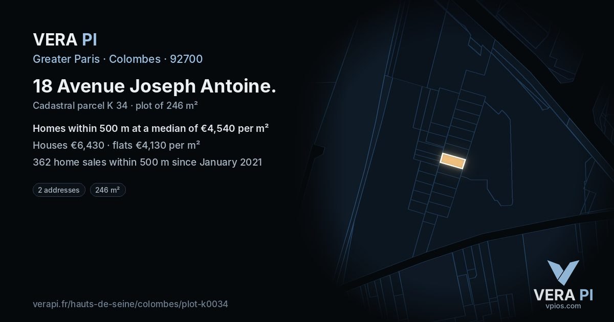 18 Avenue Joseph Antoine, Colombes at night – the plot lit, the parcels around coloured by the prices near them