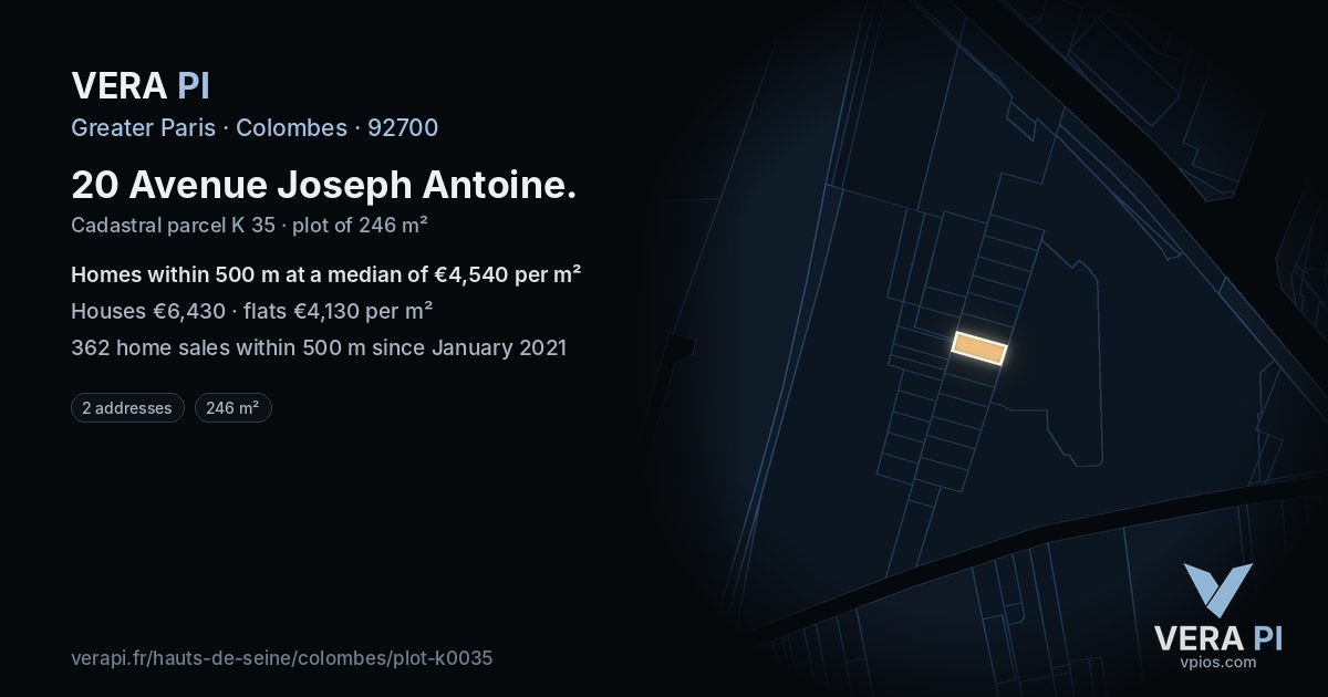 20 Avenue Joseph Antoine, Colombes at night – the plot lit, the parcels around coloured by the prices near them