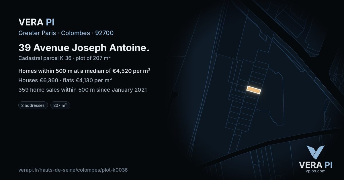 39 Avenue Joseph Antoine, Colombes at night – the plot lit, the parcels around coloured by the prices near them