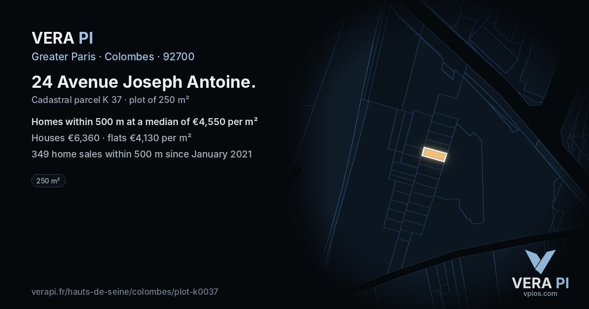 24 Avenue Joseph Antoine, Colombes at night – the plot lit, the parcels around coloured by the prices near them