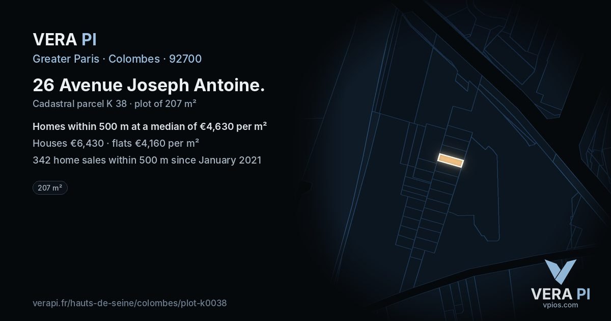 26 Avenue Joseph Antoine, Colombes at night – the plot lit, the parcels around coloured by the prices near them
