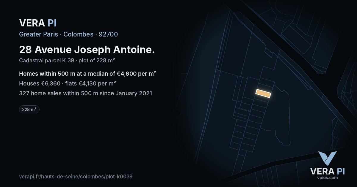 28 Avenue Joseph Antoine, Colombes at night – the plot lit, the parcels around coloured by the prices near them