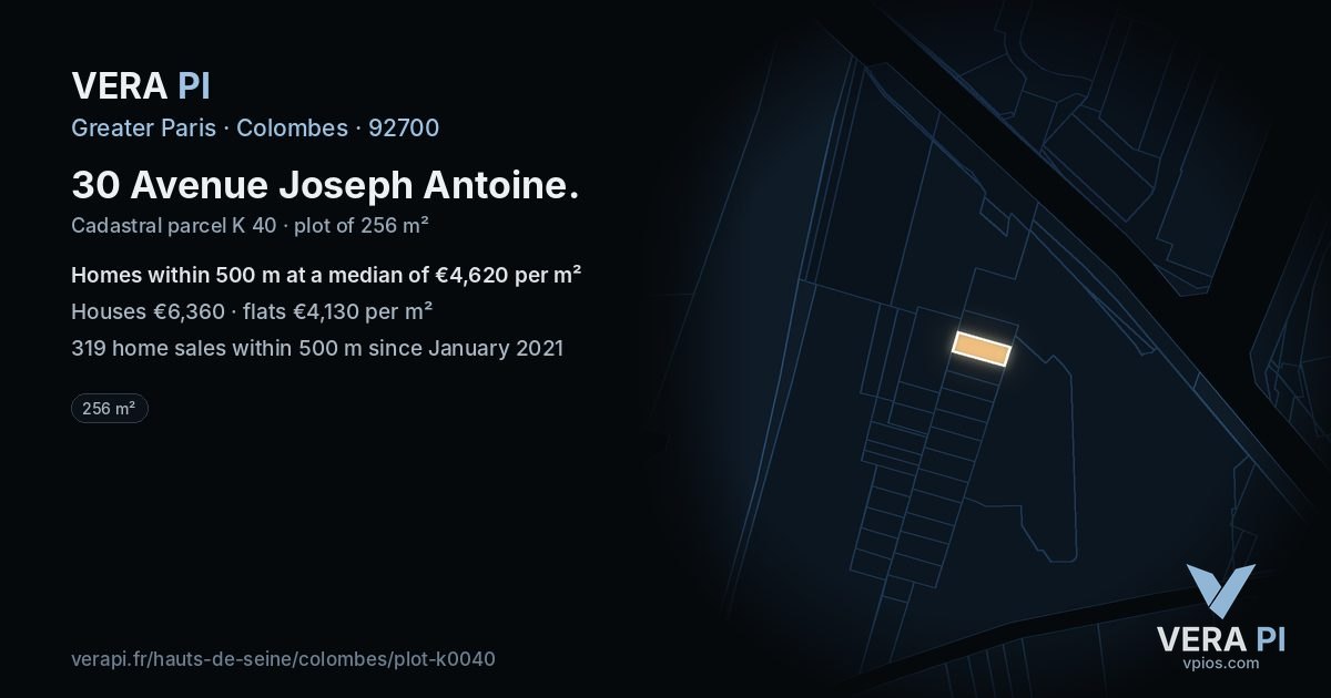 30 Avenue Joseph Antoine, Colombes at night – the plot lit, the parcels around coloured by the prices near them