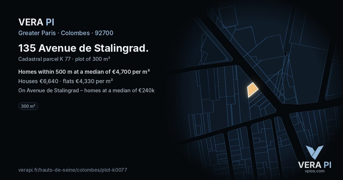 135 Avenue de Stalingrad, Colombes at night – the plot lit, the parcels around coloured by the prices near them