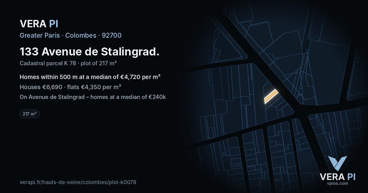 133 Avenue de Stalingrad, Colombes at night – the plot lit, the parcels around coloured by the prices near them
