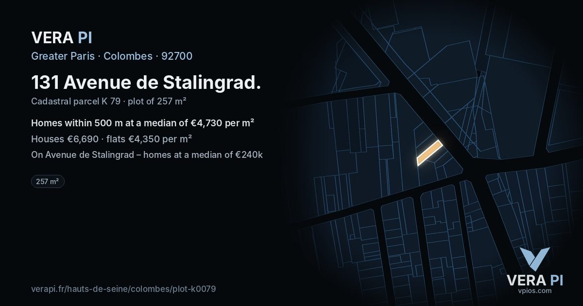 131 Avenue de Stalingrad, Colombes at night – the plot lit, the parcels around coloured by the prices near them