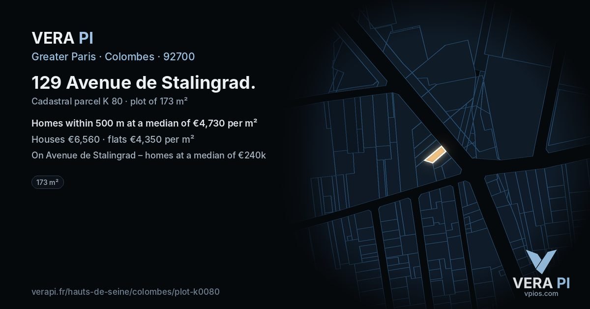 129 Avenue de Stalingrad, Colombes at night – the plot lit, the parcels around coloured by the prices near them