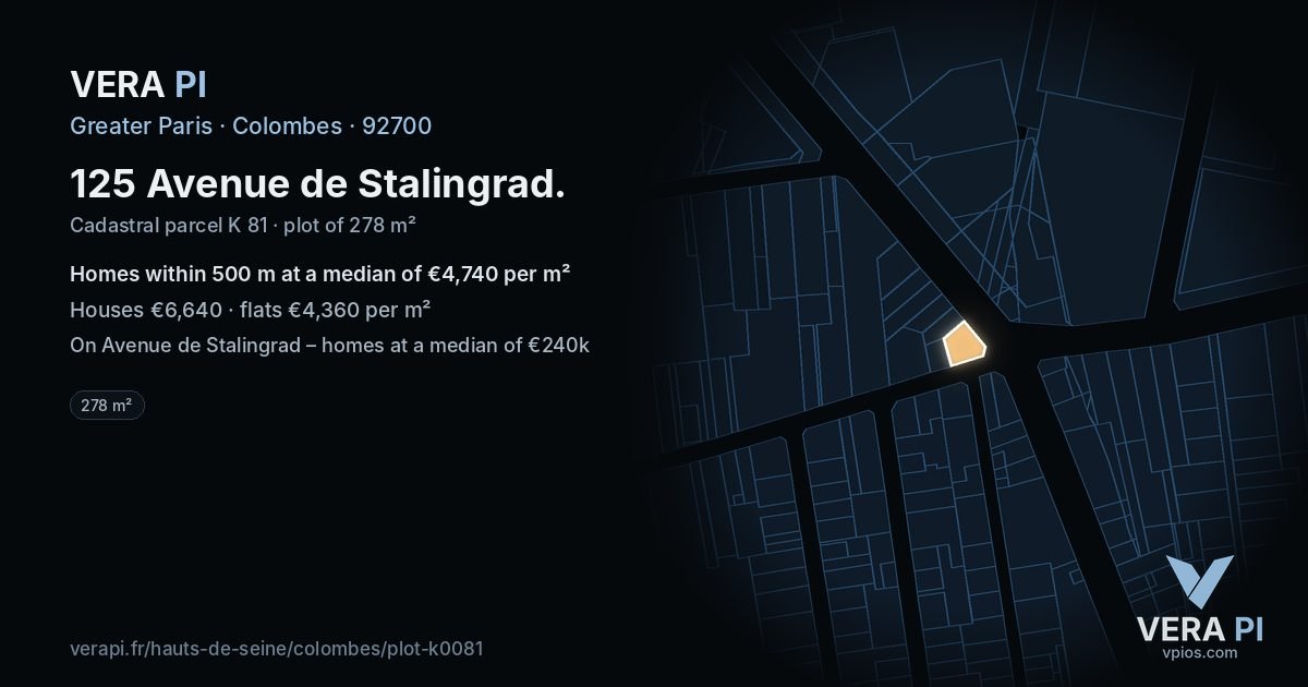 125 Avenue de Stalingrad, Colombes at night – the plot lit, the parcels around coloured by the prices near them