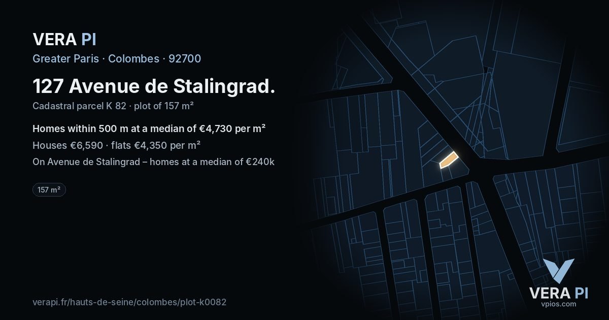127 Avenue de Stalingrad, Colombes at night – the plot lit, the parcels around coloured by the prices near them
