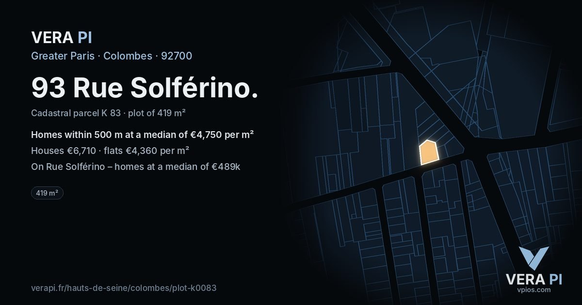 93 Rue Solférino, Colombes at night – the plot lit, the parcels around coloured by the prices near them