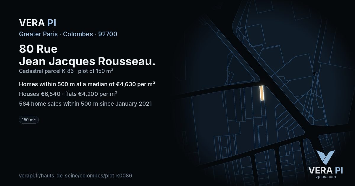 80 Rue Jean Jacques Rousseau, Colombes at night – the plot lit, the parcels around coloured by the prices near them