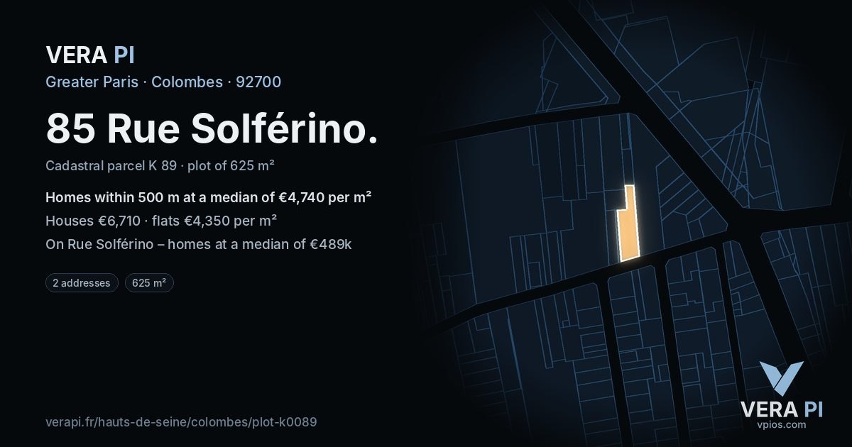 85 Rue Solférino, Colombes at night – the plot lit, the parcels around coloured by the prices near them
