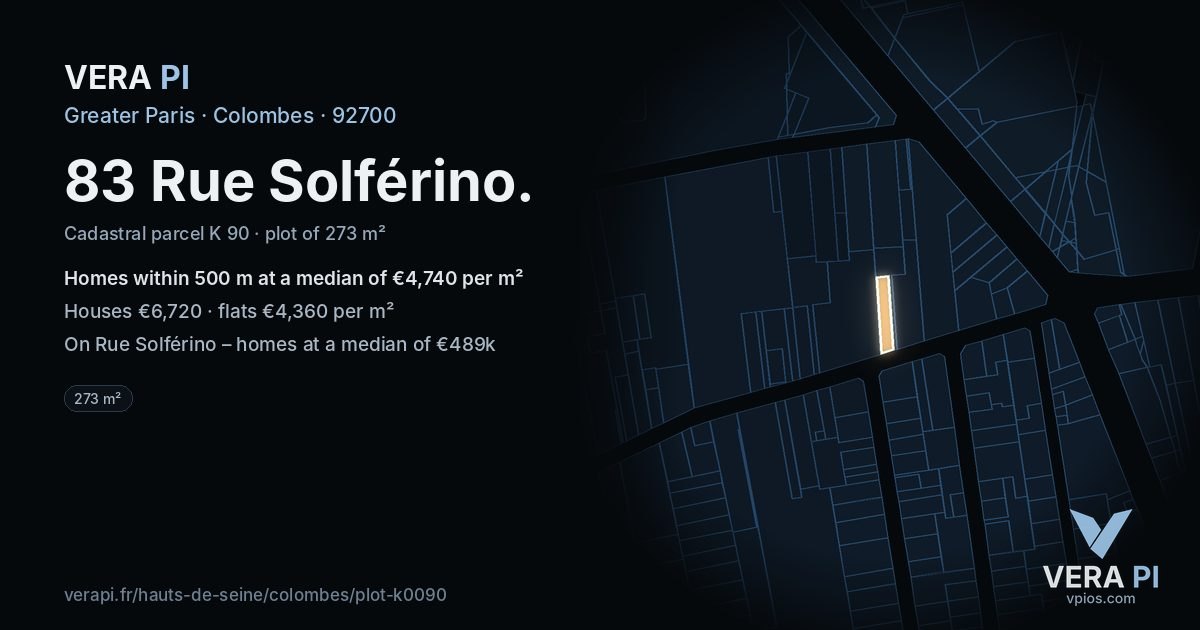 83 Rue Solférino, Colombes at night – the plot lit, the parcels around coloured by the prices near them