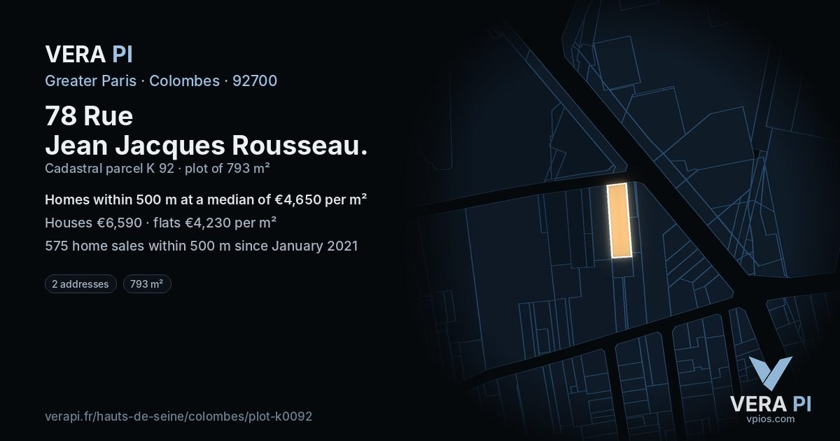 78 Rue Jean Jacques Rousseau, Colombes at night – the plot lit, the parcels around coloured by the prices near them