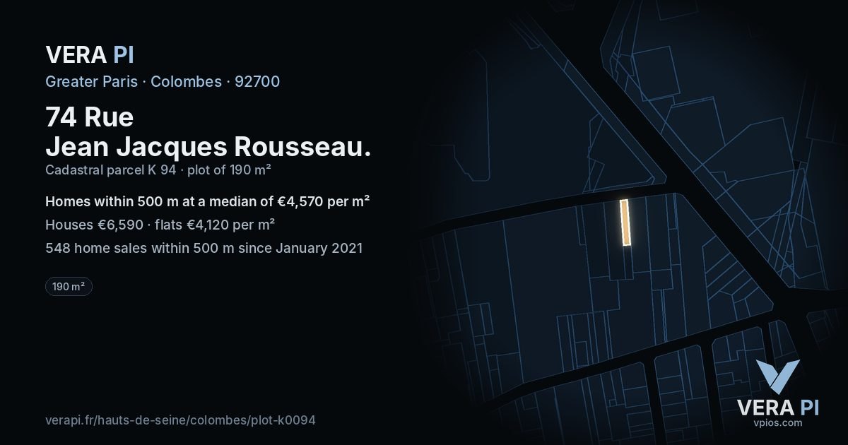74 Rue Jean Jacques Rousseau, Colombes at night – the plot lit, the parcels around coloured by the prices near them