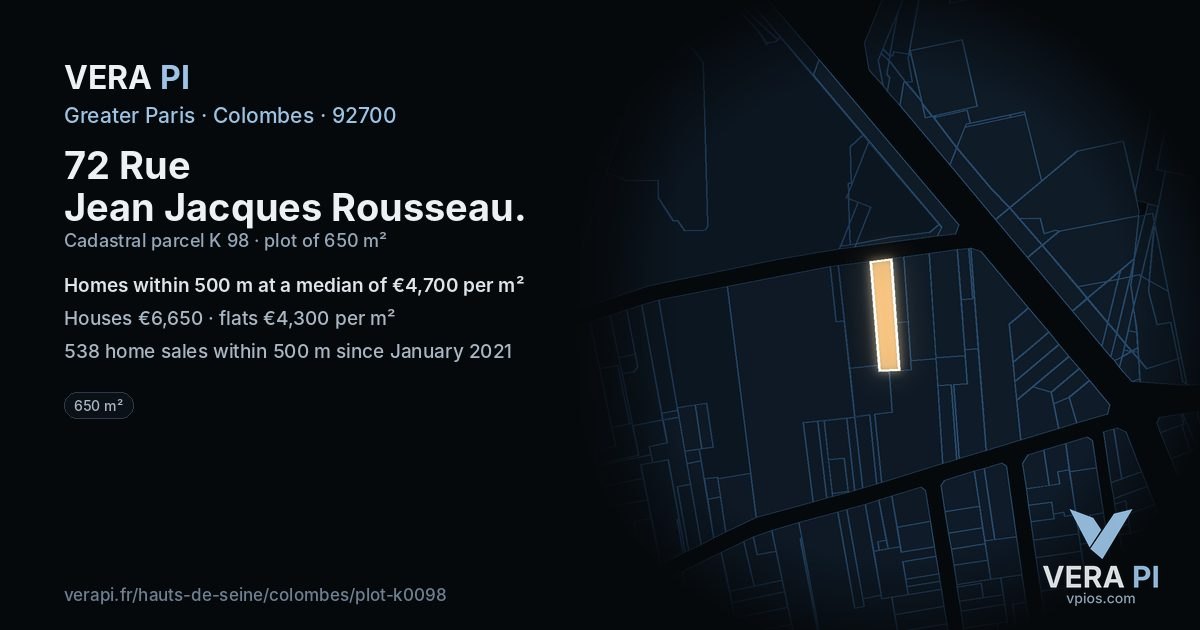 72 Rue Jean Jacques Rousseau, Colombes at night – the plot lit, the parcels around coloured by the prices near them
