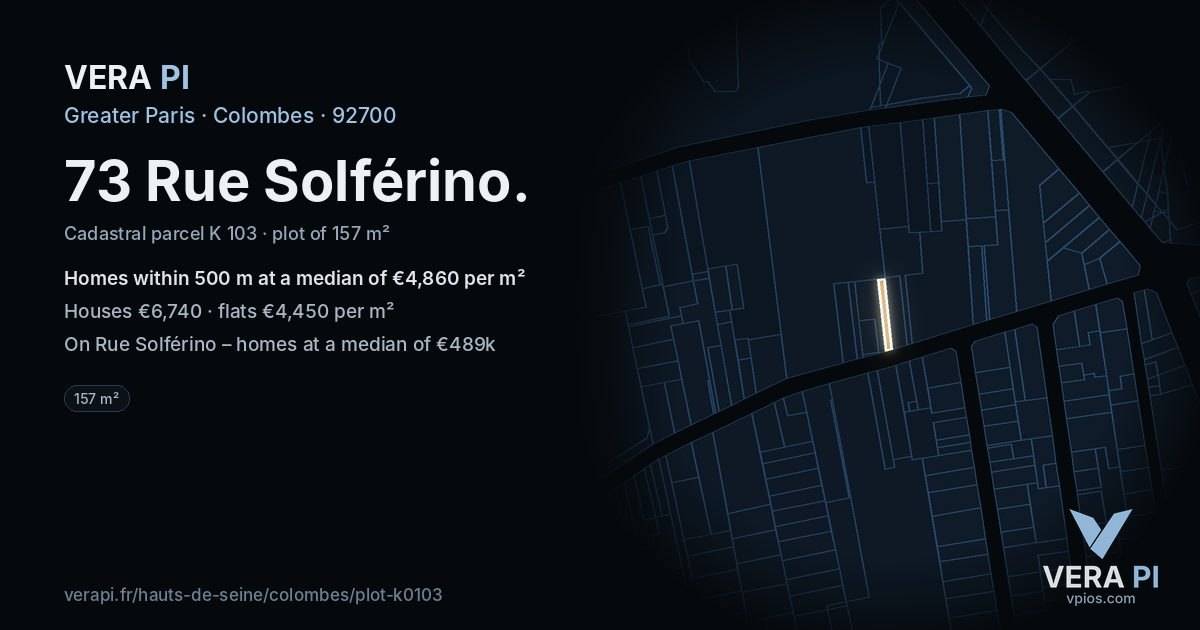 73 Rue Solférino, Colombes at night – the plot lit, the parcels around coloured by the prices near them