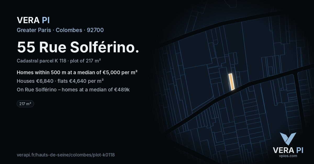 55 Rue Solférino, Colombes at night – the plot lit, the parcels around coloured by the prices near them