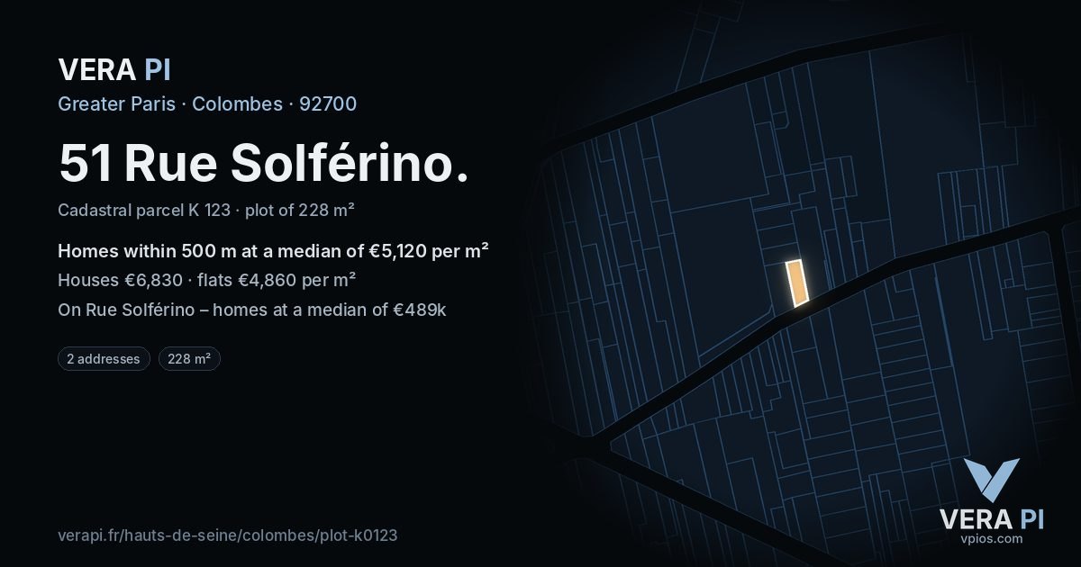 51 Rue Solférino, Colombes at night – the plot lit, the parcels around coloured by the prices near them