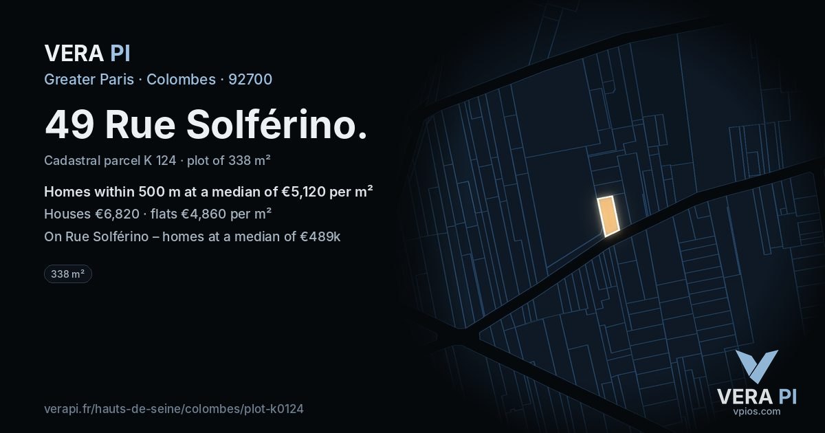 49 Rue Solférino, Colombes at night – the plot lit, the parcels around coloured by the prices near them