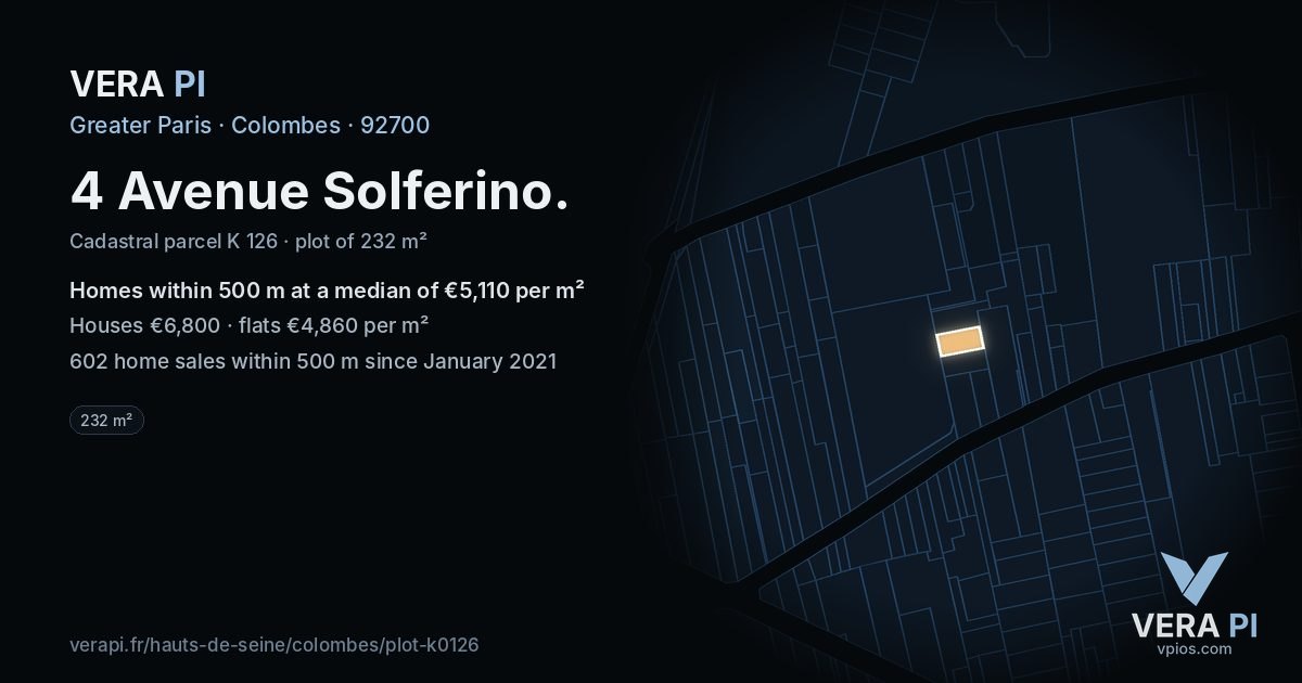 4 Avenue Solferino, Colombes at night – the plot lit, the parcels around coloured by the prices near them