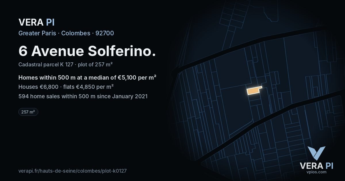 6 Avenue Solferino, Colombes at night – the plot lit, the parcels around coloured by the prices near them