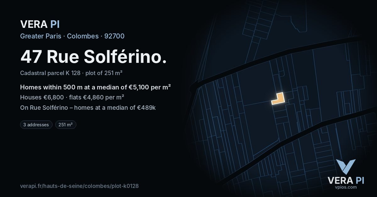 47 Rue Solférino, Colombes at night – the plot lit, the parcels around coloured by the prices near them