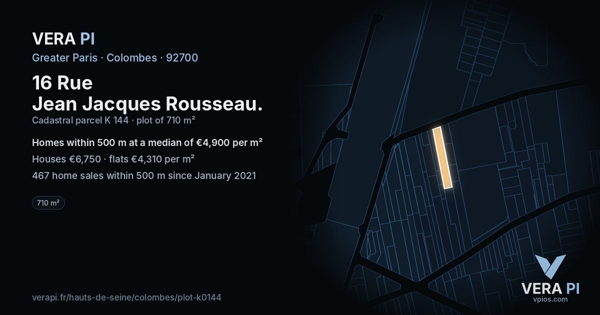 16 Rue Jean Jacques Rousseau, Colombes at night – the plot lit, the parcels around coloured by the prices near them
