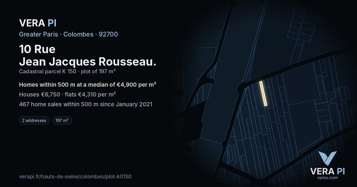 10 Rue Jean Jacques Rousseau, Colombes at night – the plot lit, the parcels around coloured by the prices near them