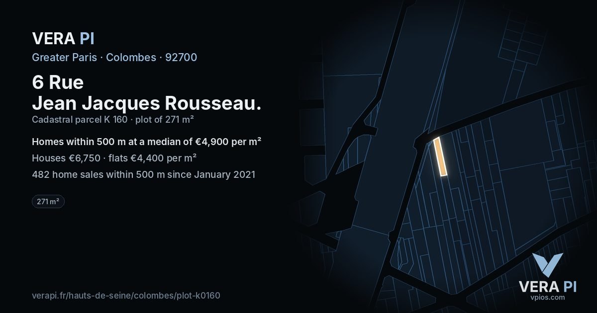 6 Rue Jean Jacques Rousseau, Colombes at night – the plot lit, the parcels around coloured by the prices near them