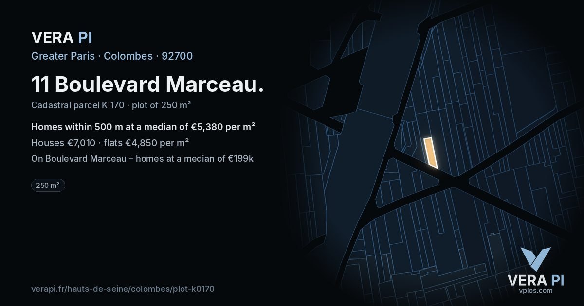 11 Boulevard Marceau, Colombes at night – the plot lit, the parcels around coloured by the prices near them