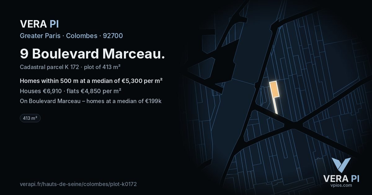 9 Boulevard Marceau, Colombes at night – the plot lit, the parcels around coloured by the prices near them