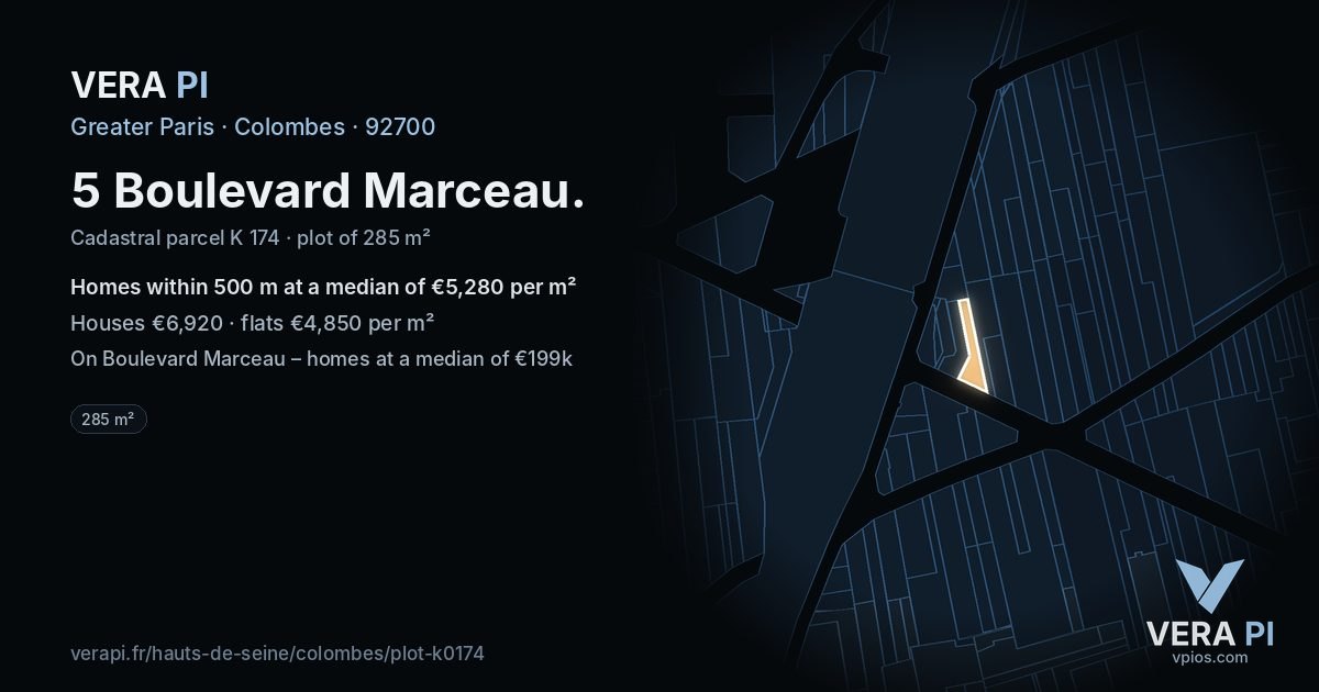 5 Boulevard Marceau, Colombes at night – the plot lit, the parcels around coloured by the prices near them