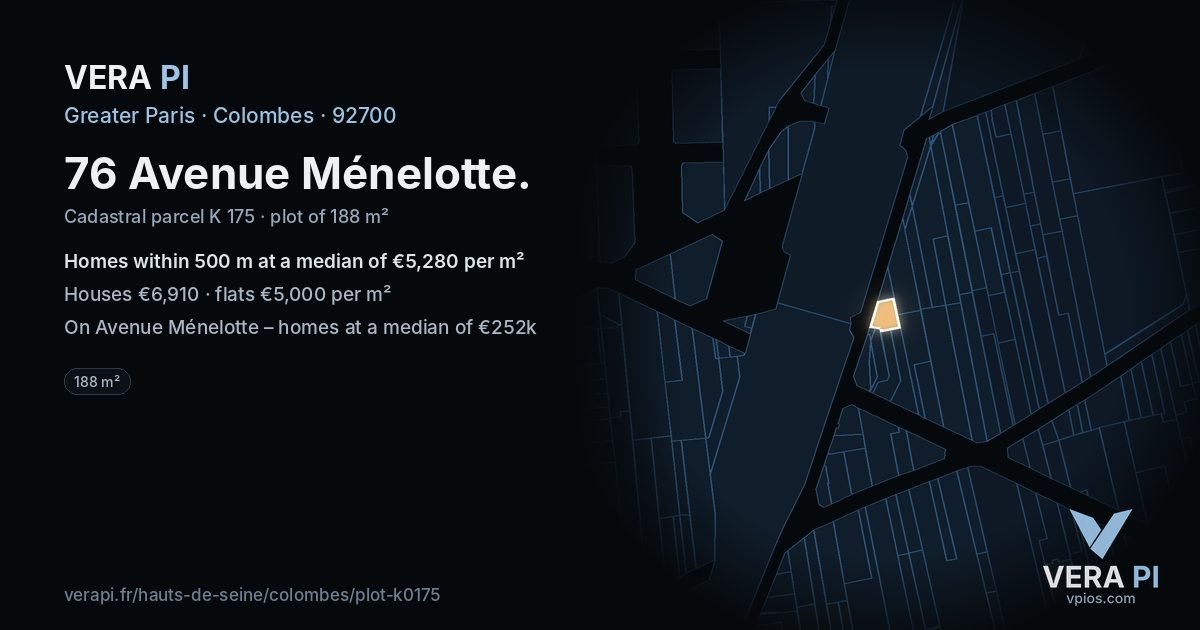 76 Avenue Ménelotte, Colombes at night – the plot lit, the parcels around coloured by the prices near them