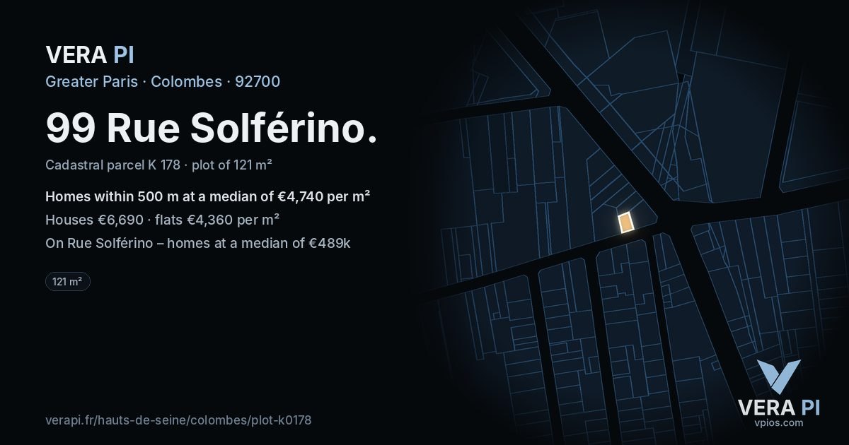 99 Rue Solférino, Colombes at night – the plot lit, the parcels around coloured by the prices near them