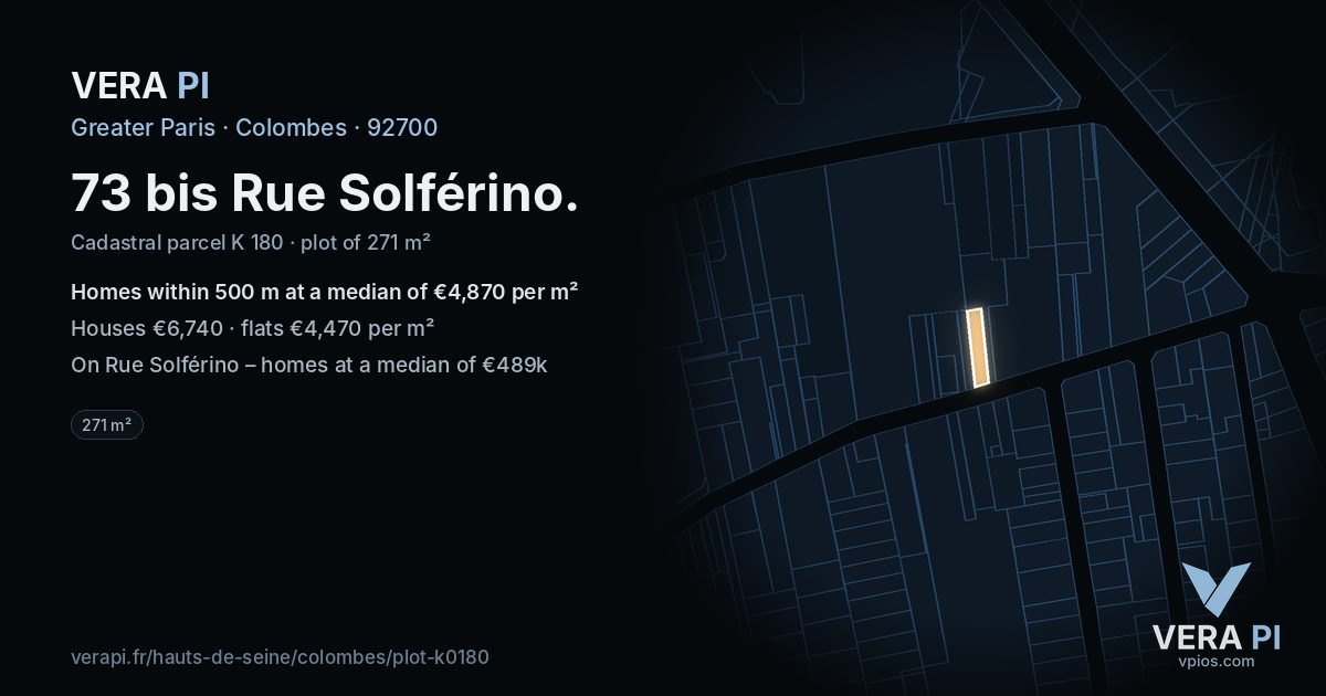 73 bis Rue Solférino, Colombes at night – the plot lit, the parcels around coloured by the prices near them