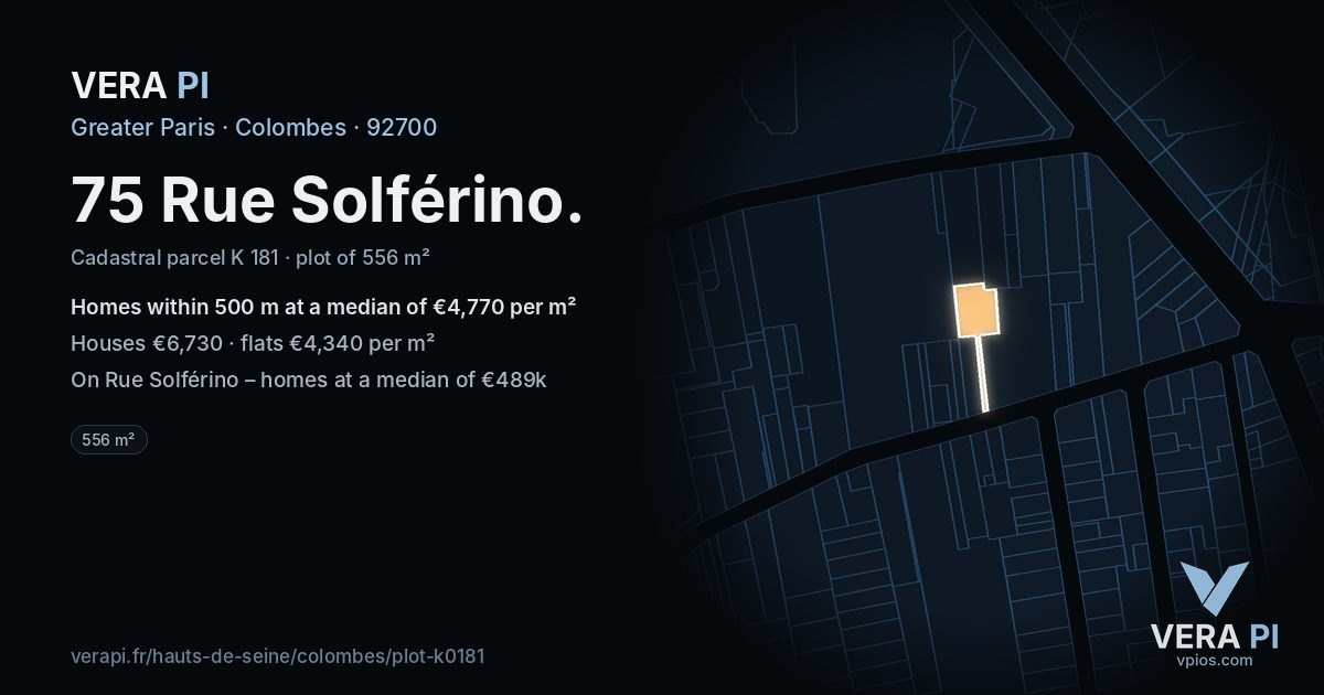 75 Rue Solférino, Colombes at night – the plot lit, the parcels around coloured by the prices near them