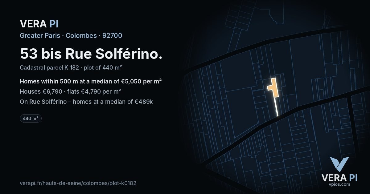 53 bis Rue Solférino, Colombes at night – the plot lit, the parcels around coloured by the prices near them