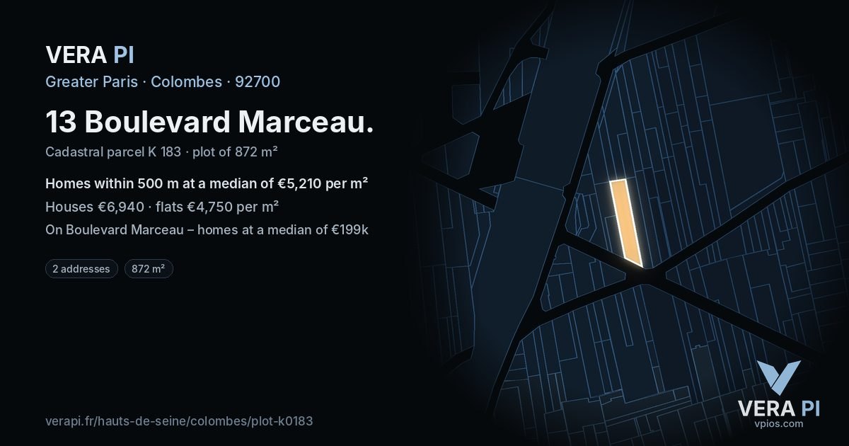 13 Boulevard Marceau, Colombes at night – the plot lit, the parcels around coloured by the prices near them